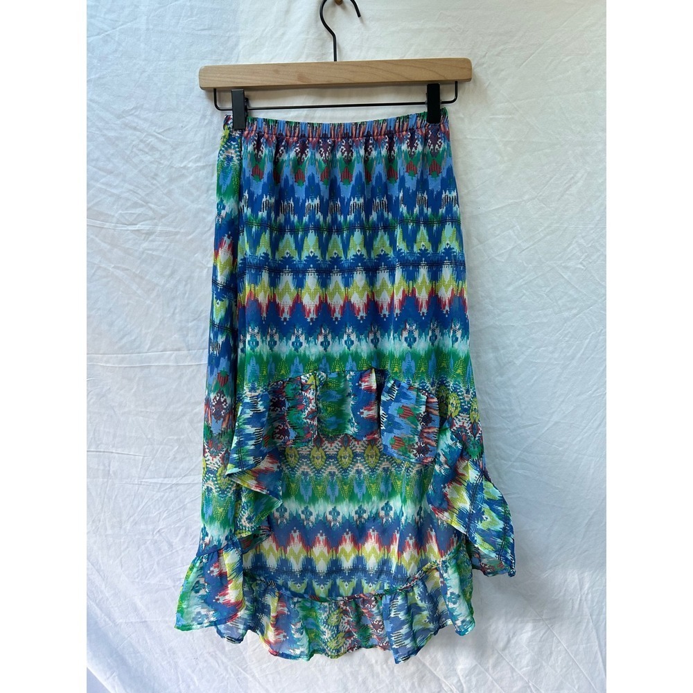 Knitworks Girls 10 12 Blue Green Ikat Ruffle High Low Maxi Skirt